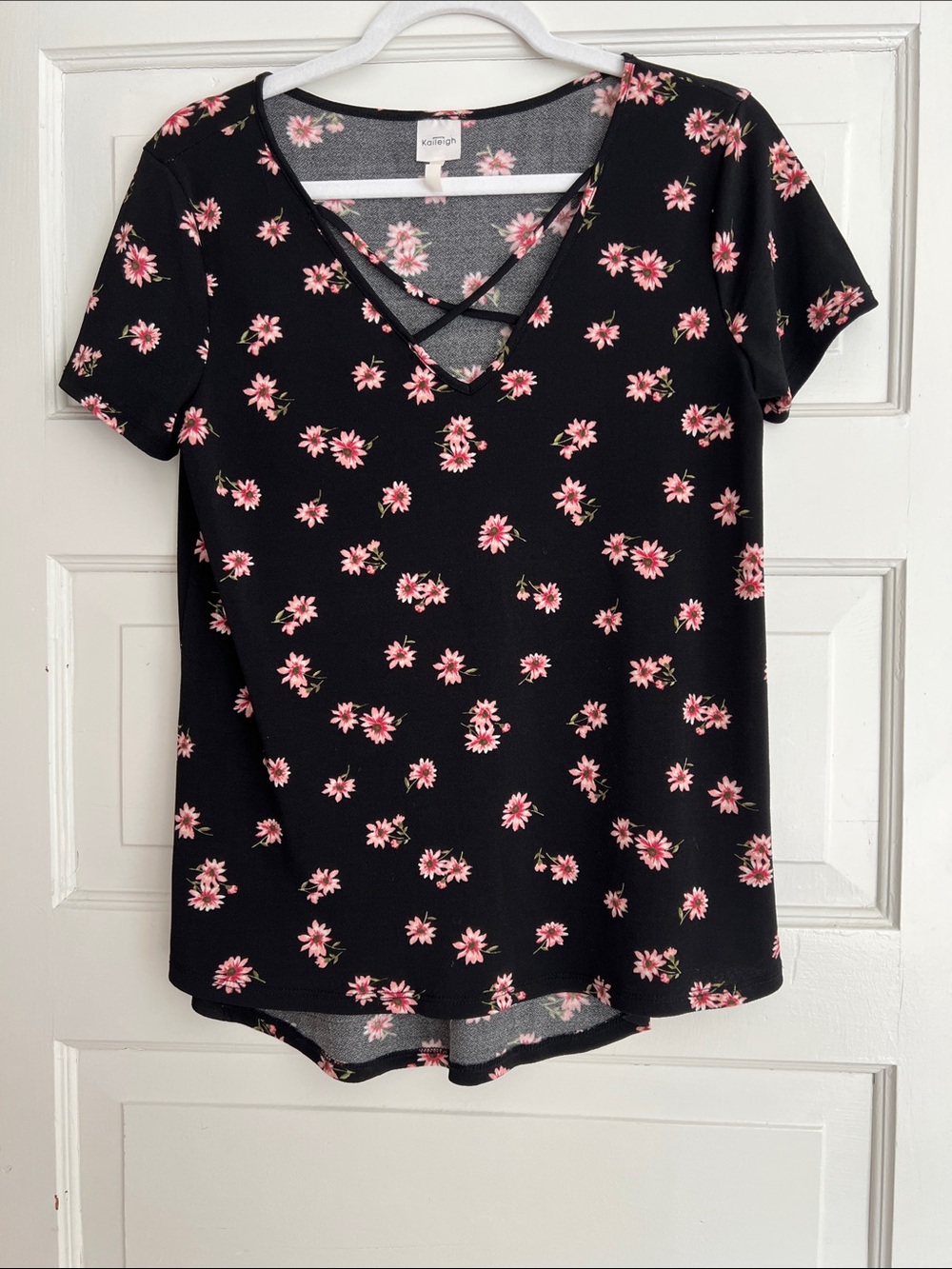 Floral Crisscross V-Neck Top - Black with Pink Flowers